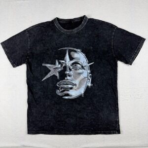 Manfinity EMRG Mens Small Black Acid Wash Chrome Star Face Graphic T-Shirt